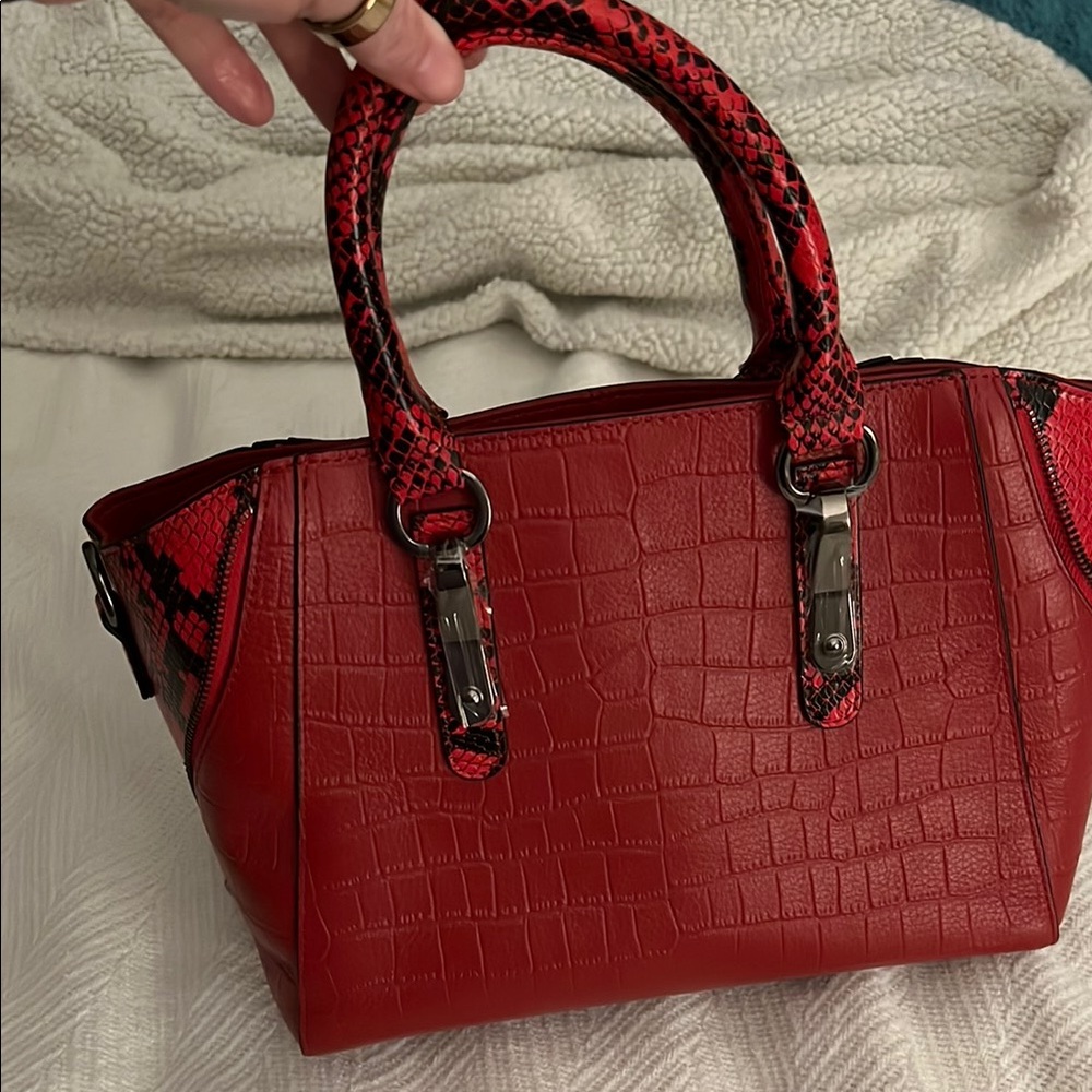 Vibrant Red Crocodile Textured Satchel